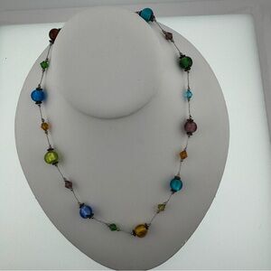 Colorful Beaded Foil Glass Necklace with Silver Details 10 inches Dainty